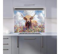 Premium Highland Cow In A Summer Meadow Kitchen Splashback 6mm Toughened Glass Kitchen Splashback - Heat Resistant Splashback for Kitchens, Perfect for Cookers and Hobs, Polished Edges