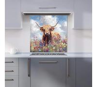 Premium Highland Cow In A Summer Meadow Kitchen Splashback 6mm Toughened Glass Kitchen Splashback - Heat Resistant Splashback for Kitchens, Perfect for Cookers and Hobs, Polished Edges