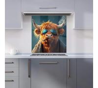 Premium Highland Cow With Glasses Kitchen Splashback 6mm Toughened Glass Kitchen Splashback - Heat Resistant Splashback for Kitchens, Perfect for Cookers and Hobs, Polished Edges