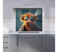 Premium Highland Cow With Glasses Kitchen Splashback 6mm Toughened Glass Kitchen Splashback - Heat Resistant Splashback for Kitchens, Perfect for Cookers and Hobs, Polished Edges