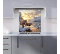 Premium Highland Cows By The Lake Kitchen Splashback 6mm Toughened Glass Kitchen Splashback - Heat Resistant Splashback for Kitchens, Perfect for Cookers and Hobs, Polished Edges
