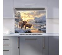 Warren Reed - Designer Highland Cows By The Lake Kitchen Splashback W900Mm X H650Mm, Multi