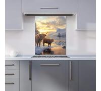Premium Highland Cows By The Lake Kitchen Splashback 6mm Toughened Glass Kitchen Splashback - Heat Resistant Splashback for Kitchens, Perfect for Cookers and Hobs, Polished Edges