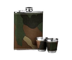 Premium Housewares 6 Oz Hip Flask Set Camouflage Design Pocket / Alcohol Flask For Men Stainless Steel Mini Whisky Flasks With Shot Glasses / Small Cups 13 x 13 x 2.01, Green
