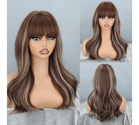 Premium Human Hair Wig, Brown Gold Highlights Long Wavy Wig with Neat Bangs, Natural Look & Comfortable Wear