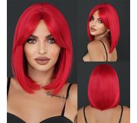 Premium Human Hair Wig, Easter Red Short Straight Bob Wig with Mid-Split Bangs, Natural Look & Comfortable Wear