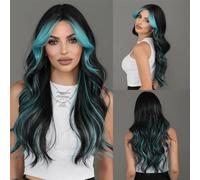 Premium Human Hair Wig, Light Blue Layered Wig For Women Highlights Dyed Blue Fluffy Bangs Wavy Wig, Natural Look & Comfortable Wear