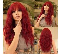 Premium Human Hair Wig, Red Brown Wig Long Curly Hair Wig for Woman Daily Synthetic Wigs With Bangs Wig, Natural Look & Comfortable Wear(Burgundy)