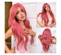 Premium Human Hair Wig, Red Gradient Eight-character Bangs Big Wave Long Curly Hair Fashion Full Halloween Wig, Natural Look & Comfortable Wear(Pink)