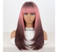 Premium Human Hair Wig, Rose Red Brown Long Synthetic Wig with Bangs & Inner Buckle, Natural Look & Comfortable Wear