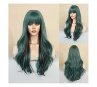 Premium Human Hair Wig, Wig Women'S Long Curly Hair Head Set European And American Style Bangs Dyed Hair Big Wave Hair Set, Natural Look & Comfortable Wear(BlackandGreenhighlights)