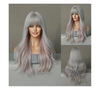 Premium Human Hair Wig, Wig Women'S Long Curly Hair Head Set European And American Style Bangs Dyed Hair Big Wave Hair Set, Natural Look & Comfortable Wear(Silver(pinkhighlight))