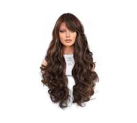 Premium Human Hair Wig, Women'S Wig Long Wavy Reddisd-Brown Highlights Blonde Diagonal Bangs Curly Hair Daily Wig Fluffy Full Head Cover, Natural Look & Comfortable Wear