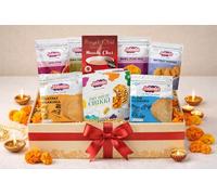 Premium Indian Snacks & Masala Chai Gift Hamper, Assorted Sweet & Savoury Treats with Dry Fruit Chikki, Khakhra, Bhel Puri Mix, Samosa, Instant Masala Chai, Authentic Festive Gift Box