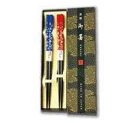 Premium Japanese Chopsticks Reusable 2pcs set [ Made in Japan ] Traditional Lacquer Art Wooden Chopsticks with Paper GIft Box B (Mist Cherry BL/RD(MK016))