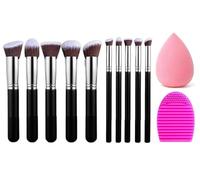 Premium Kabuki Makeup Brush Set with Blender Sponge & Brush Cleaner | 10 Pcs Synthetic Brushes for Foundation, Powder, Blush & Eyeshadow (Black/Silver)