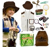 Premium Kids Explorer Kit with Extra Sturdy Accessories for 3-7 Year Old, Bug Hunting Kit Explorer Costume Zoo Keeper Vest & Hat for Boys/ Girls, Outdoor Safari Nature STEM Educational (Brown)