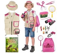 Premium Kids Explorer Kit with Extra Sturdy Accessories for 3-7 Year Olds -Bug Hunting Costume Hat Vest boys girls Outdoor Backyard Safari Nature Zoo Keeper STEM Educational (Pink)