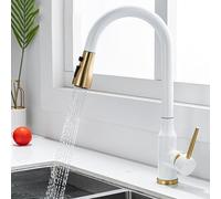 Premium Kitchen & Bathroom Faucet with Pull-Down Sprayer Stainless Steel Mixer 2 Rotation Modes Hot & Cold Water Tap Elegant White & Gold Finish