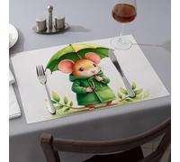 Premium Kitchen & Dining A Cute Mouse Wearing A Green Coat Holds An Umbrella. Dining Place Mats Blue Placemats Comedor(4PCS)