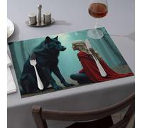 Premium Kitchen & Dining A Woman In A Red Cloak Sits Facing A Black Wolf In A Misty Forest Dining Place Mats Silicone Mats For Kitchen Counter Strawberry Rug(4PCS)
