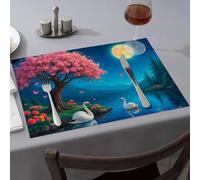 Premium Kitchen & Dining Swans By The Moonlit Lake With Cherry Blossoms Dining Place Mats Summer Table Runner Western Party Decorations(6PCS)