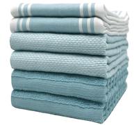 Premium Kitchen Towels (20”x 28”, 50 x 70 cm, 6 Pack) - Large Cotton Kitchen Hand Towels - Vintage Striped Flat & Terry Towel - Highly Absorbent Tea Towels Set With Hanging Loop - Aqua