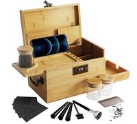 Premium Large Bamboo Box with Combination Lock & Hidden Drawer, Secret Storage Stash Box,Upgraded with Handle, 5 Smell Proof Bags, 3 Glass Jars, 3 Tube, Brush, Grinder Card, Cone Funnel Rolling Kit
