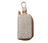 Premium Leather Car Key Fob Case for Women - Durable Key Holder with Zipper & Coin Pocket, Multi-Functional Design (14x5.5x2.5cm), Silver gold, Light Luxury