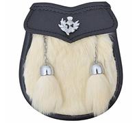 Premium Leather Kids Kilt Sporran - Black Fur Two Tassels, Genuine Black Leather Bag - Thistle Crest Badge with Chain Belt - Authentic Scottish Gift (Thistle, White Fur)