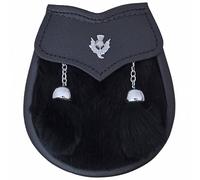 Premium Leather Kids Kilt Sporran - Black Fur Two Tassels, Genuine Black Leather Bag - Thistle Crest Badge with Chain Belt - Authentic Scottish Gift (Thistle, Black Fur)