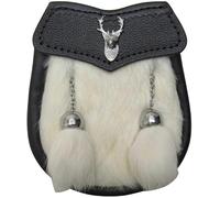 Premium Leather Kids Kilt Sporran - Black Fur Two Tassels, Genuine Black Leather Bag - Thistle Crest Badge with Chain Belt - Authentic Scottish Gift (Stag Head, White Fur)