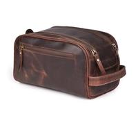 Premium Leather Toiletry Travel Pouch with Waterproof Lining - Dark Brown | King-Size Handcrafted Vintage Dopp Kit Bag by Leather Village