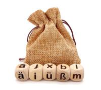 Premium Lowercase German Alphabet Dice Set - 5 Wooden Dice (16MM) with 26 Letters and 4 Special Characters, Laser Engraved, Comes with a Linen Storage Bag