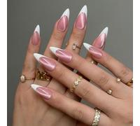 Premium Magnetic French Tip Press On Nails with Velvet Shimmer Effect - Salon-Grade Stiletto Shaped Falsies & 12 Sizes Kit for Easy Long-Lasting DIY Manicure, Soft Pink Cat-Eye Design, Reusable