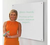 Premium Magnetic Glass Whiteboard, 120 x 120cm | 4mm toughened safety glass & reinforced steel backing with a unique floating appearance on through the board fixings