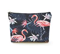 Premium Makeup Bag Women Linen Travel Cosmetic Bags,Dark Blue Palm Leaves and Pink Flamingos, Durable Cosmetic Case