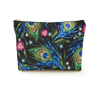 Premium Makeup Bag Women Linen Travel Cosmetic Bags,Embroidery Peacock Feathers and Roses Flowers, Durable Cosmetic Case
