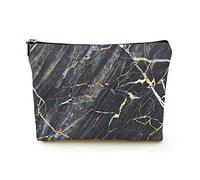 Premium Makeup Bag Women Linen Travel Cosmetic Bags,Gold Yellow Patterned Natural of Dark Gray Marble, Durable Cosmetic Case