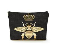 Premium Makeup Bag Women Linen Travel Cosmetic Bags,Golden Embroidered bee Crown Bumble bee, Durable Cosmetic Case