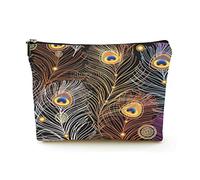 Premium Makeup Bag Women Linen Travel Cosmetic Bags,Golden Peacock Feathers on a Dark, Durable Cosmetic Case