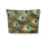 Premium Makeup Bag Women Linen Travel Cosmetic Bags,Peacock Feather Pattern Background, Durable Cosmetic Case