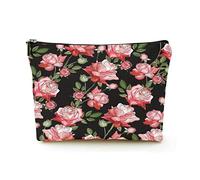 Premium Makeup Bag Women Linen Travel Cosmetic Bags,Pink and red Roses and Green Leaves, Durable Cosmetic Case