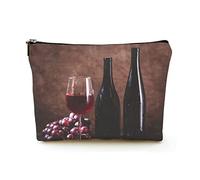 Premium Makeup Bag Women Linen Travel Cosmetic Bags,Two Wine Bottles on a Wooden Table, Durable Cosmetic Case