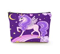 Premium Makeup Bag Women Linen Travel Cosmetic Bags,Unicorn with a Lilac Mane on a Rainbow, Durable Cosmetic Case