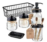 Premium Mason Jar Bathroom Accessories Set (6PCS) - Lotion Soap Dispenser,Toothbrush Holder,2 Apothecary Jars(Qtip Holder), Soap Dish,Storage Organizer Basket - Rustic Farmhouse Decor (Black)