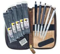 Premium Metal Drawing Mechanical Pencils for Sketching in Leather Pencil Case, 2mm Lead Refills, Kneaded Eraser for Artists, Designers and Drafting
