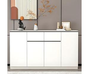 Premium Modern Wood Sideboard Credenza with Doors Stylish Grey Storage Cabinet with Stone Top for Living Room 55" L x 14" W x 35" HElegant Home Furniture
