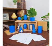 Premium Montessori Geometric Solids with Matching Cards - Solid Beechwood 3D Shapes, Plane Figures, Stands & Cards, Sensorial Geometry Materials for Spatial Awareness, Homeschool Classroom Kids 3-9