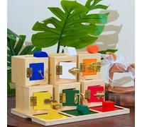 Premium Montessori Large Lock Box with Objects and Tray 15.7in,Wooden 6-Compartment Busy Box,Different Locks with Keys & Matching Objects, Practical Life Activity,Fine Motor Skills, Homeschool